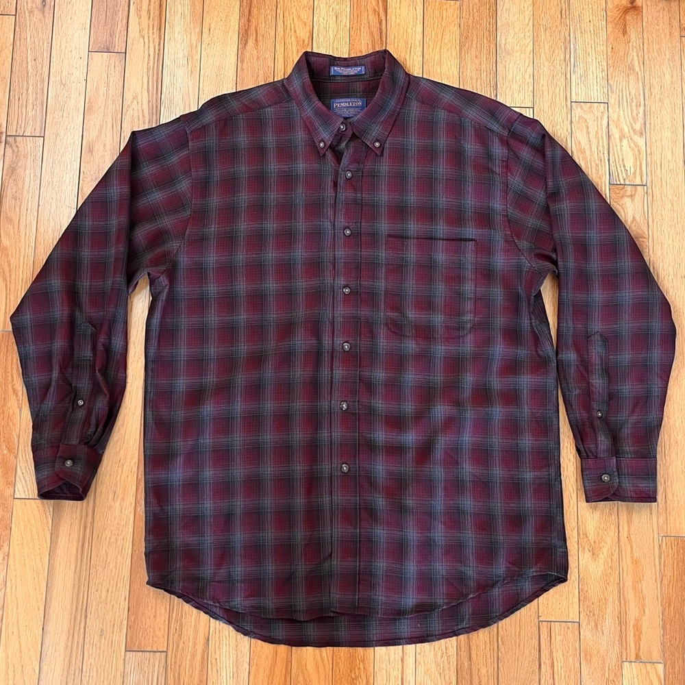 VTG Sir Pendleton Red Black Plaid Button Shirt 100% Wool Button Collar 90s Y2K